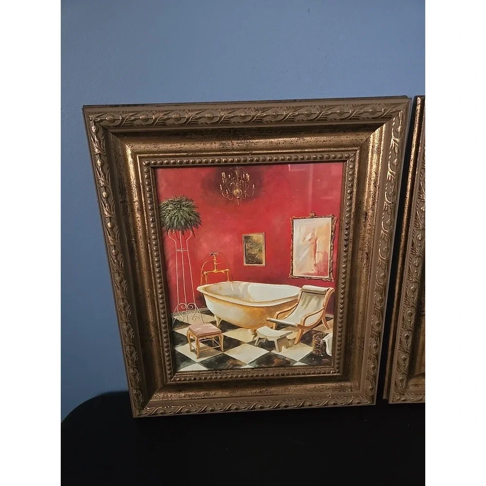 Vtg Bathroom Framed Pictures Tub and Sink Set of 2 Ornate Wall Art Gallery